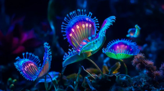 неоновые подводные растения, силуэтом напоминающие расправивших крылья птиц